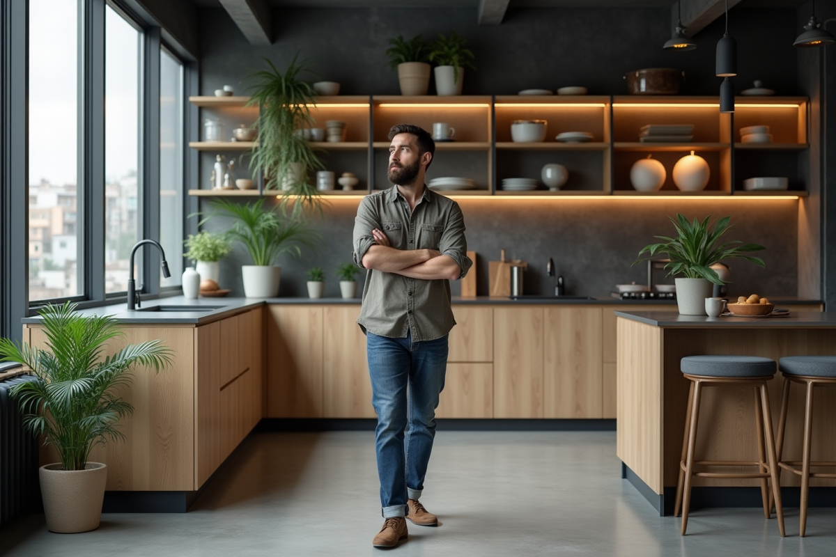 Homme barbu dans une cuisine loft moderne avec étagères en céramique