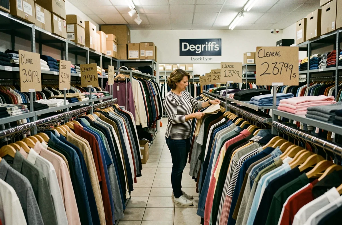Intérieur du magasin Degriff'stock à Lyon avec des portants de vêtements griffés à prix déstockés et une cliente faisant du shopping