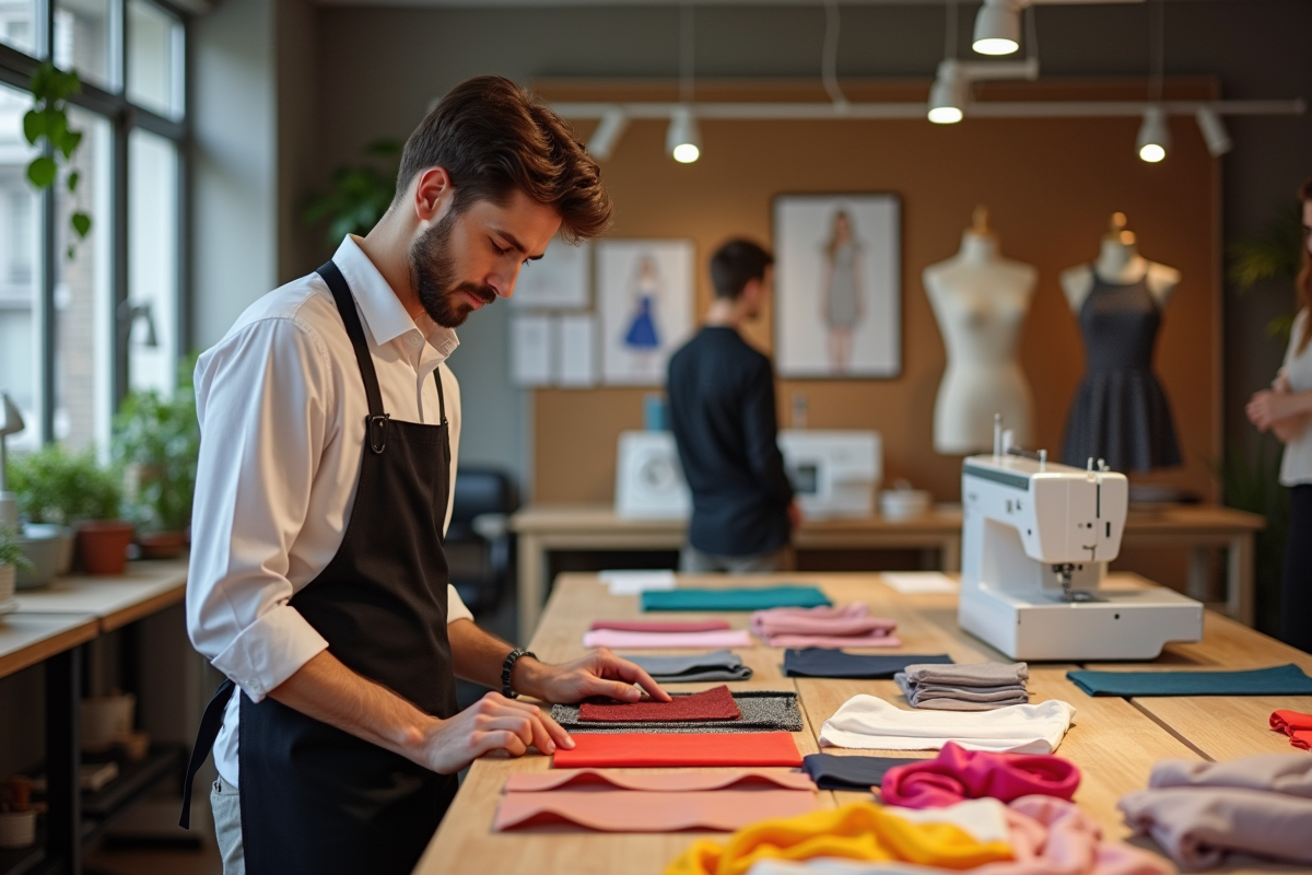 Jeune designer en atelier avec tissus colorés pour mode