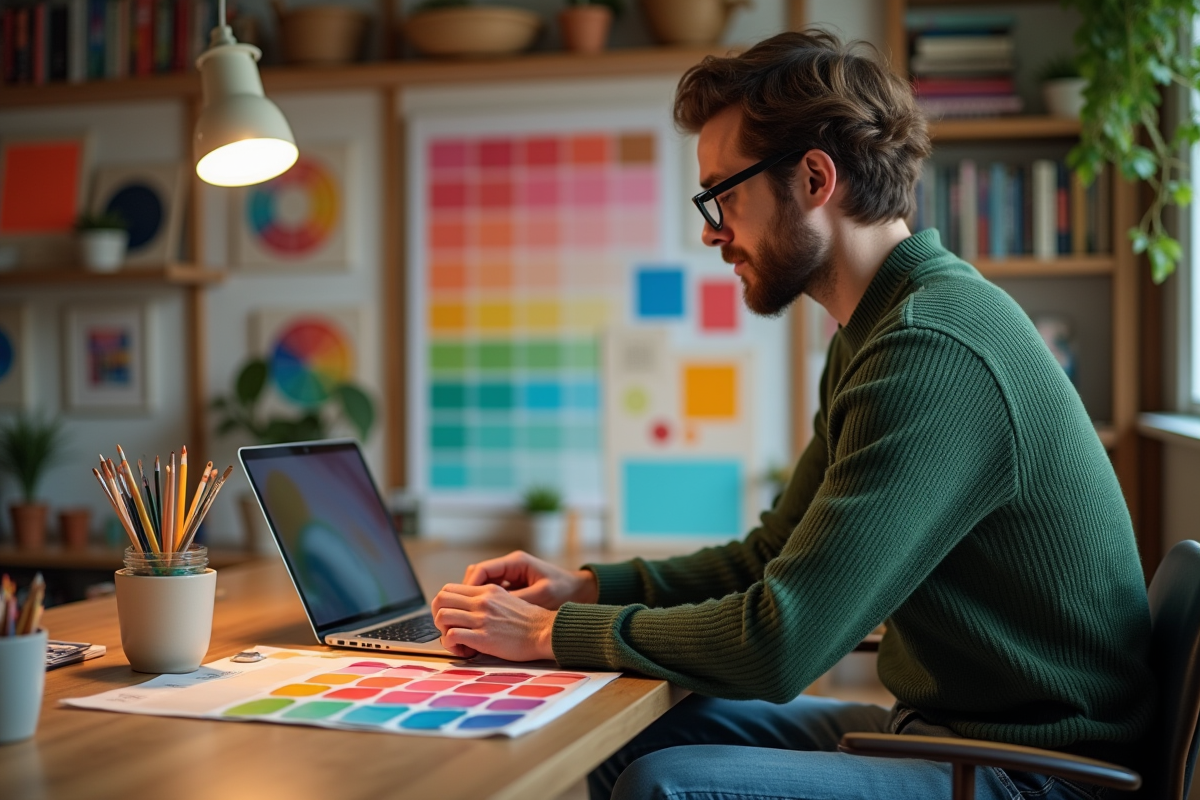 Designer créatif organisant des échantillons de couleurs dans son studio