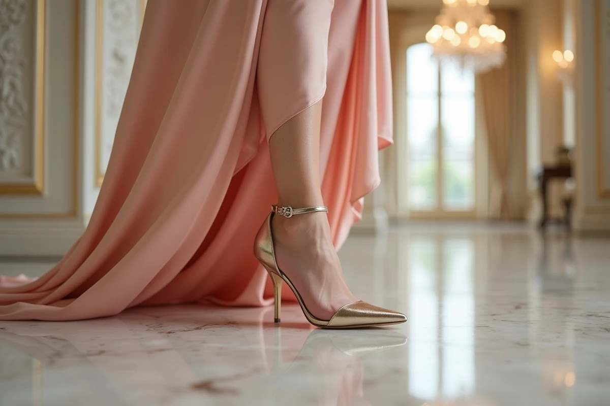 Détail de chaussures stilettos champagne avec robe longue rose poudré pour un mariage parisien élégant