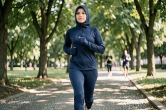 Femme portant un djilbeb de sport bleu marine en train de courir dans un parc urbain, tenue de sport islamique fonctionnelle et confortable