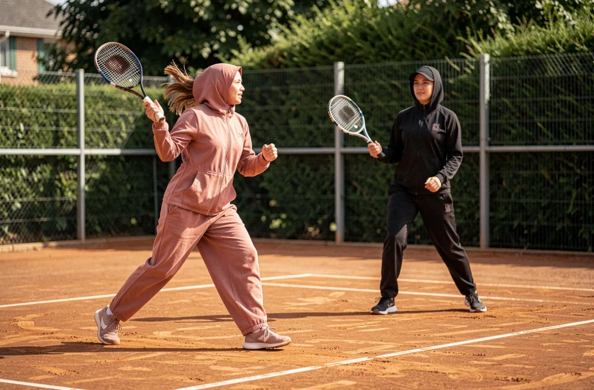 Deux femmes portant des djilbebs de sport rose et noir jouant au tennis sur un court en terre battue, sport et mode islamique active