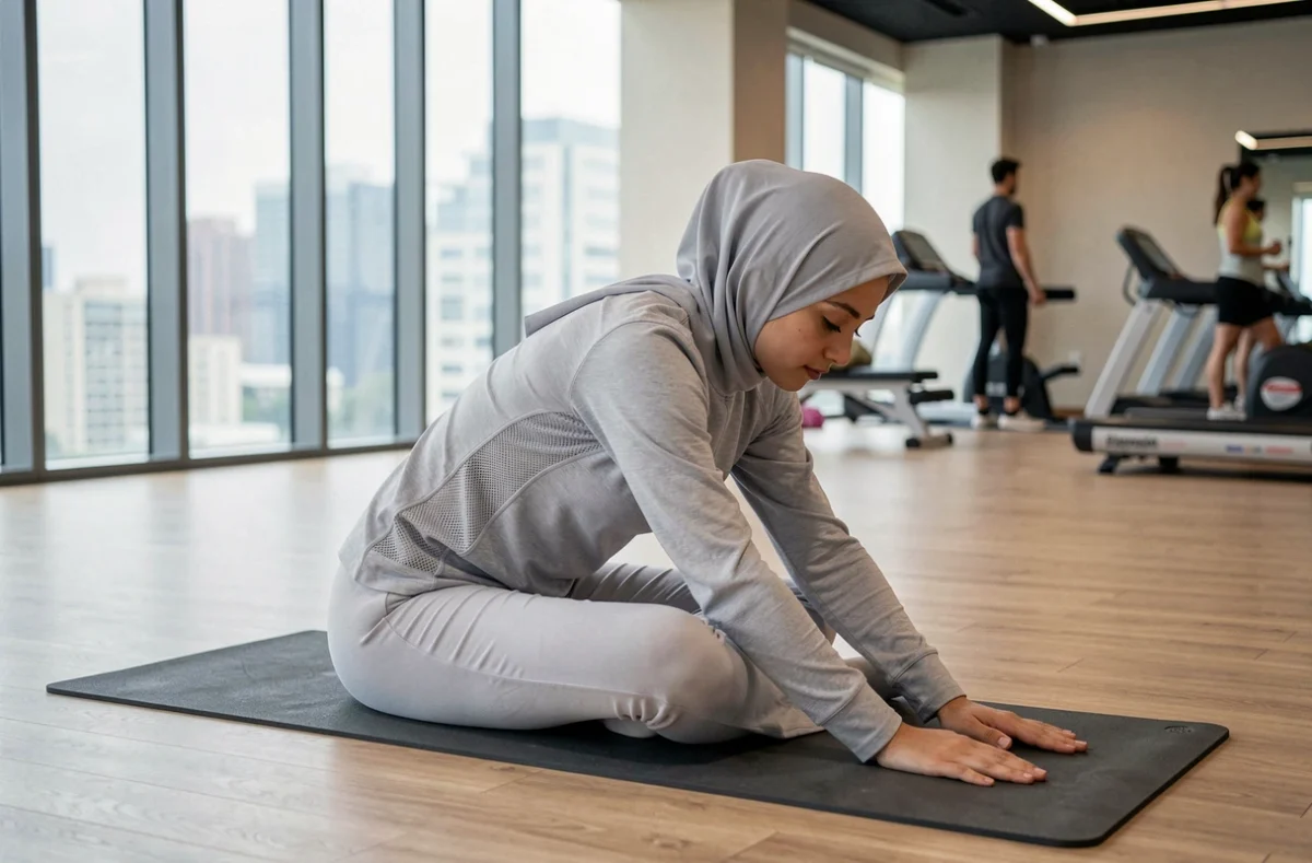 Femme en djilbeb de sport gris faisant du stretching sur un tapis de yoga dans une salle de sport moderne, activité physique et tenue islamique sportive