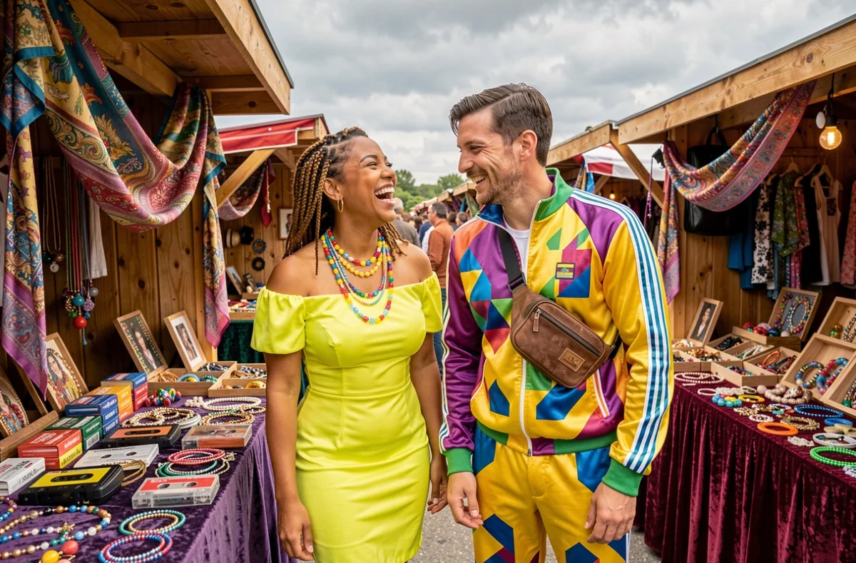 Deux amis en costumes années 80 colorés visitant un marché vintage de déguisements