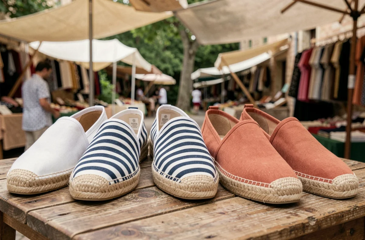 Trois paires d'espadrilles artisanales exposées sur un marché en plein air, montrant la qualité des semelles en jute tressé et des toiles canvas
