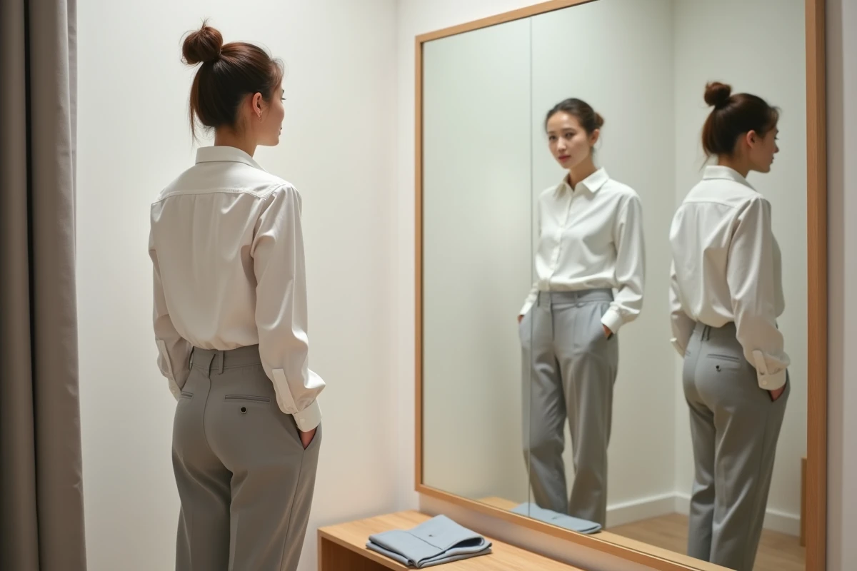 Femme essayant un pantalon et une chemise Uniqlo dans une cabine d'essayage, observant la coupe dans un miroir en pied