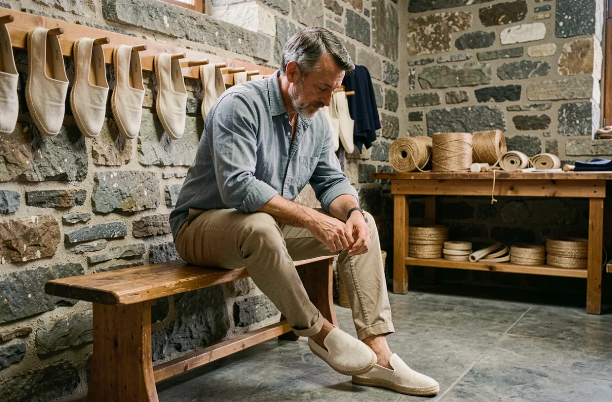 Homme essayant une espadrille artisanale dans un atelier-boutique basque traditionnel avec murs en pierre et outils d'artisan