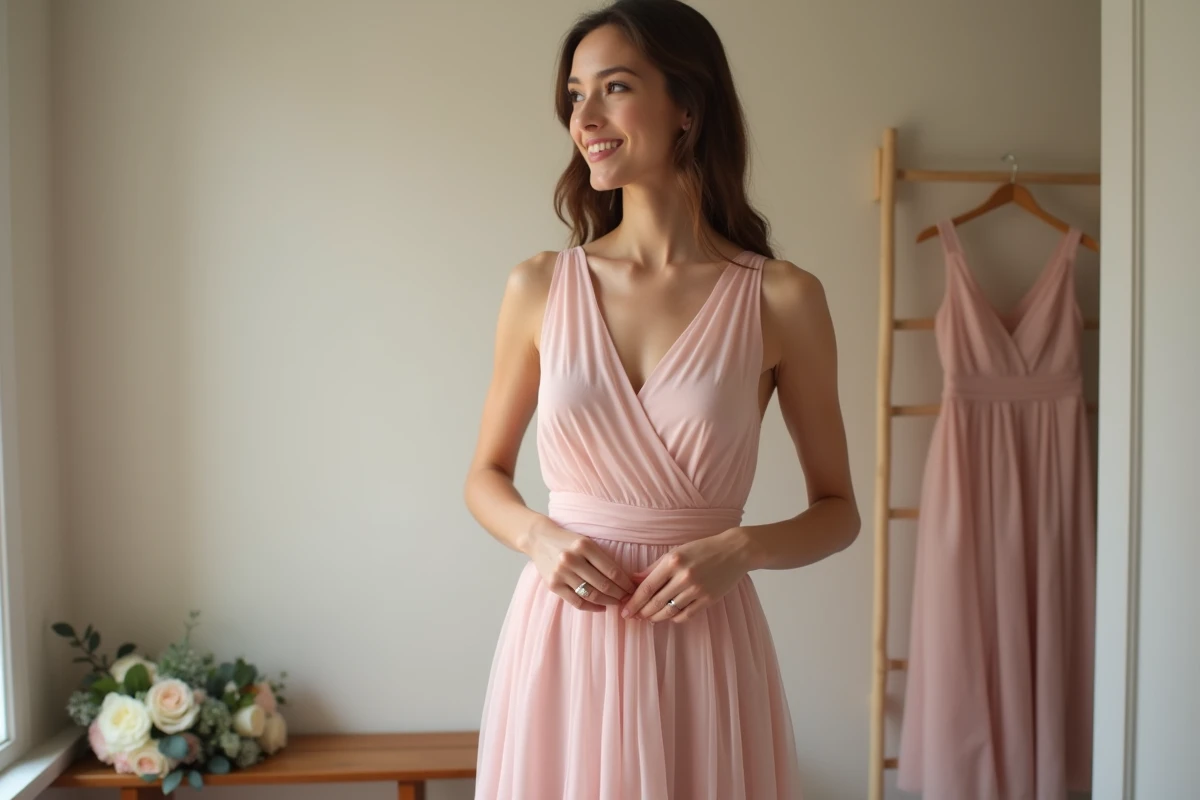 Femme ajustant la ceinture de sa robe de demoiselle d