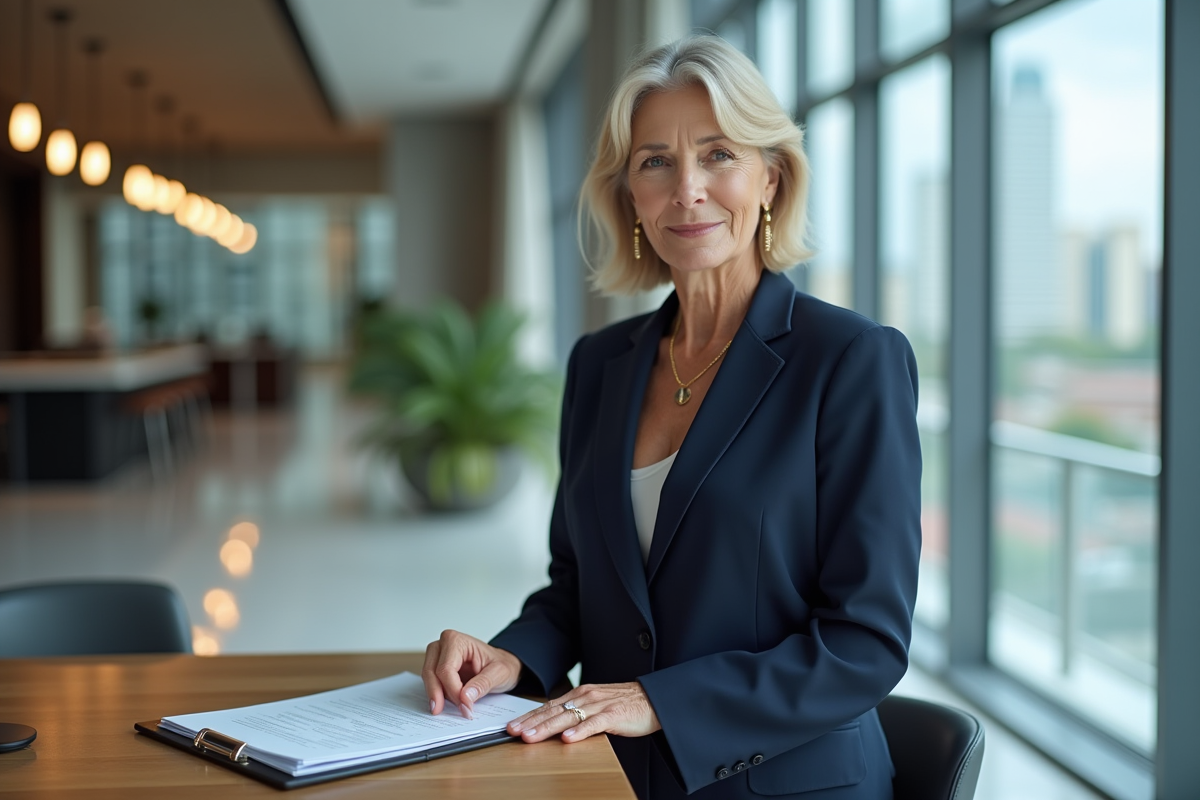 Femme d'affaires en costume dans un bureau moderne