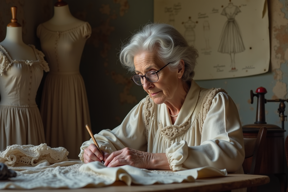 Femme âgée cousant à la main dans un atelier ancien
