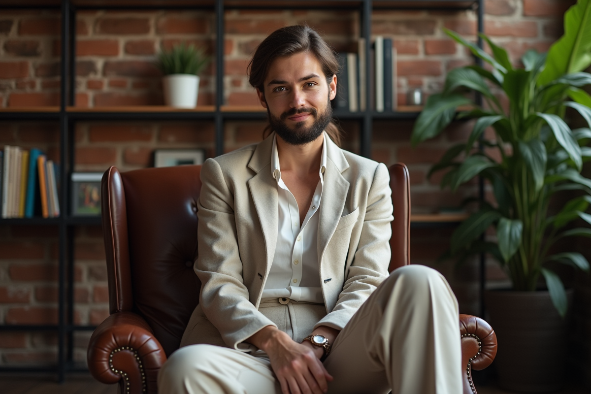 Femme confiante avec barbe courte dans un loft cosy