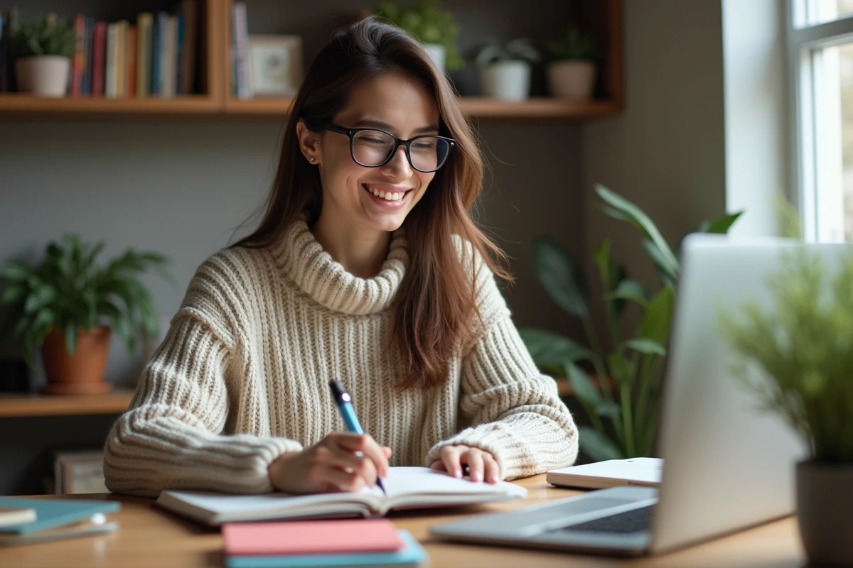 Femme souriante dans son bureau créatif à la maison