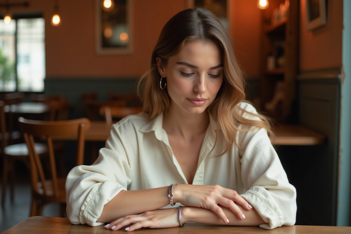 Jeune femme contemplant son bracelet d'amour minimaliste en argent dans un café parisien