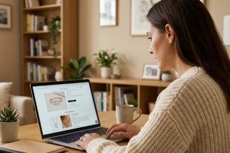 Femme en sweater regardant un site de bijoux sur son ordinateur