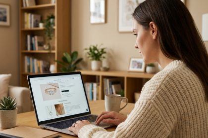Femme en sweater regardant un site de bijoux sur son ordinateur