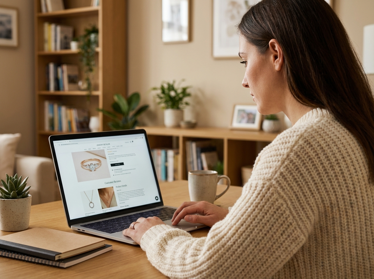 Femme en sweater regardant un site de bijoux sur son ordinateur