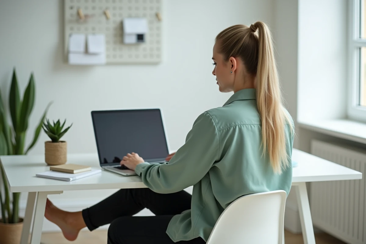 Femme assise à un bureau blanc à domicile devant un ordinateur portable, illustrant la gestion de demandes en ligne et la définition de limites dans le travail numérique indépendant