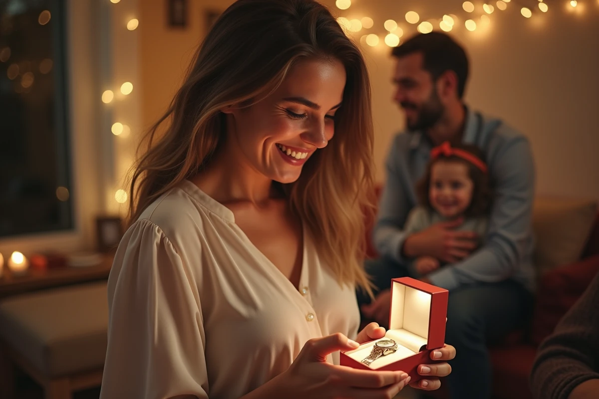 Jeune femme découvrant une montre dans un cadeau lors d