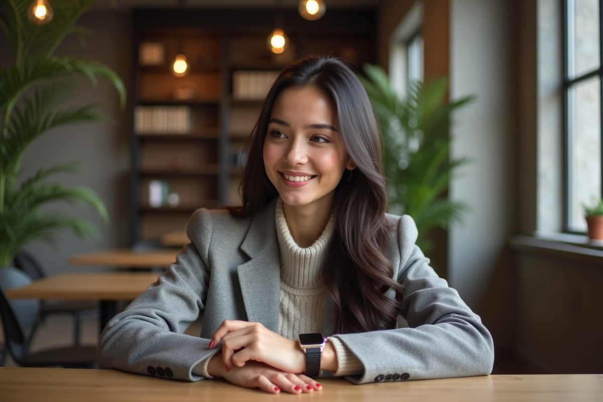 Femme souriante ajustant sa montre dans un café moderne