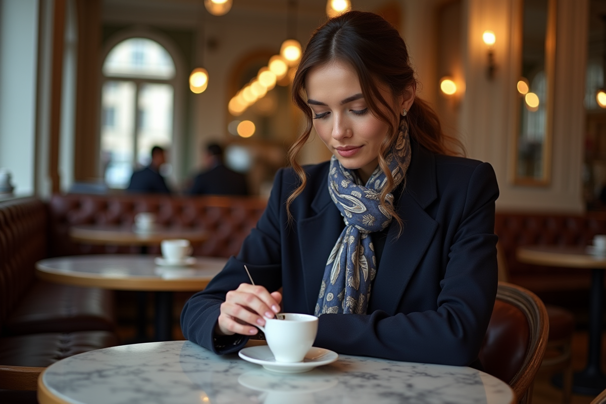 Femme élégante dans un café parisien en hiver