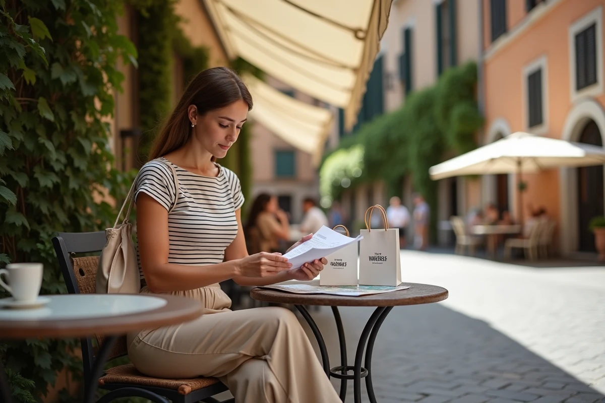 Femme planifiant son shopping en soldes dans un café en plein air à Rome lors d'un city trip en Italie
