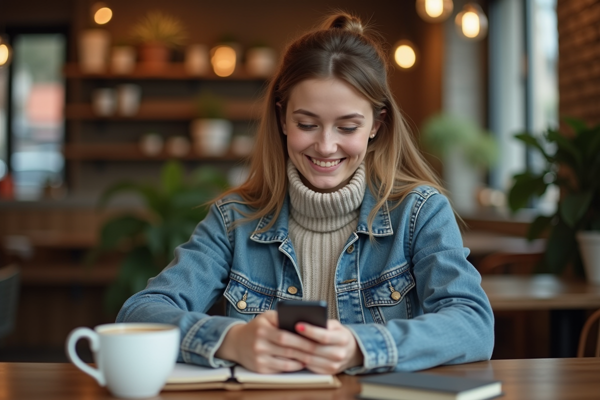 Femme souriante dans un café cosy avec téléphone
