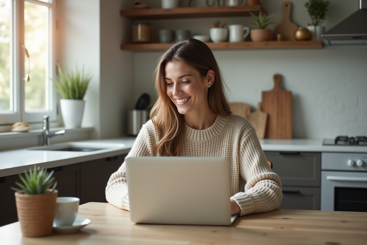 Femme en sweater regardant son ordinateur dans la cuisine