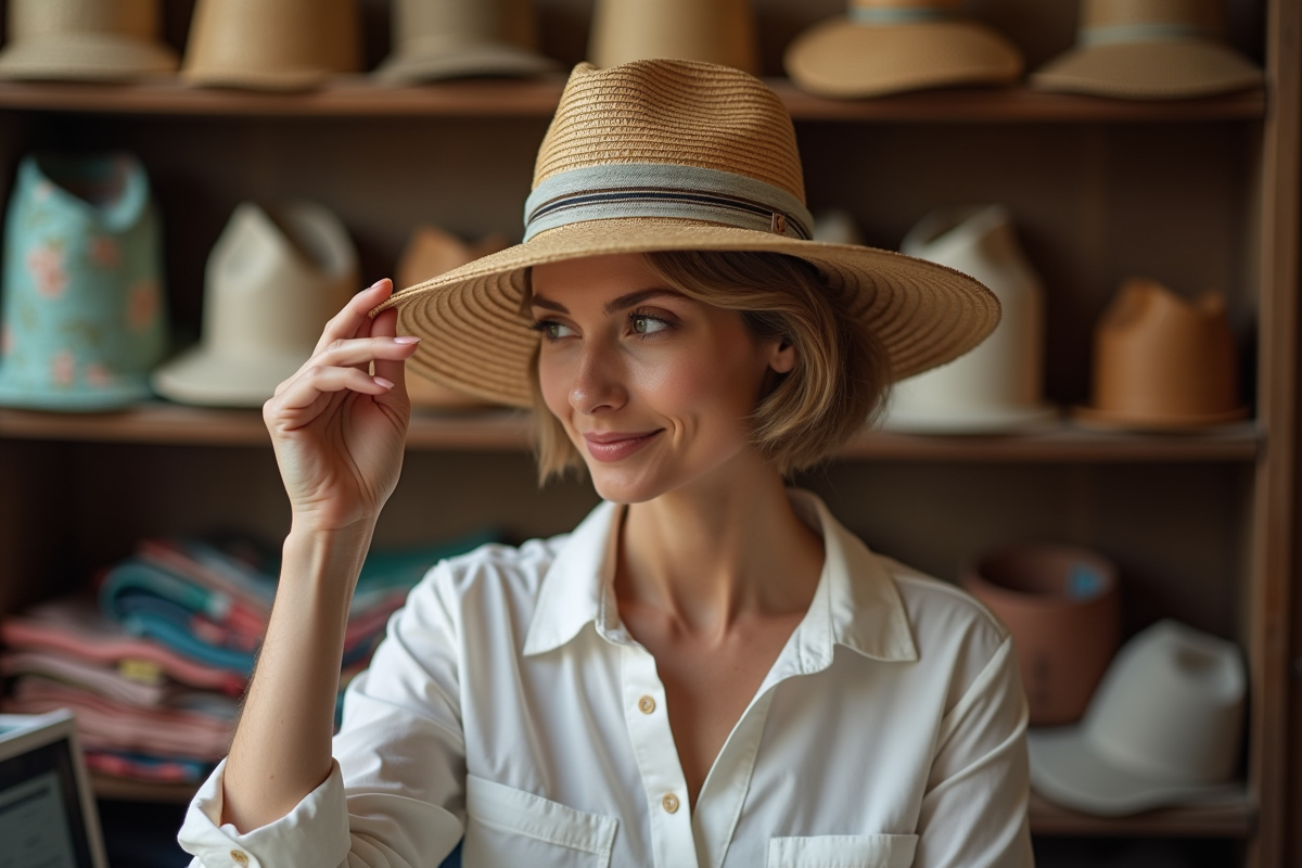 Femme portant un chapeau en paille dans un atelier