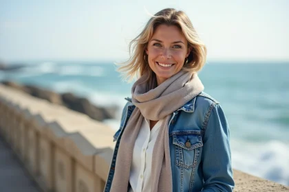 Femme portant un cheche sur une promenade côtière