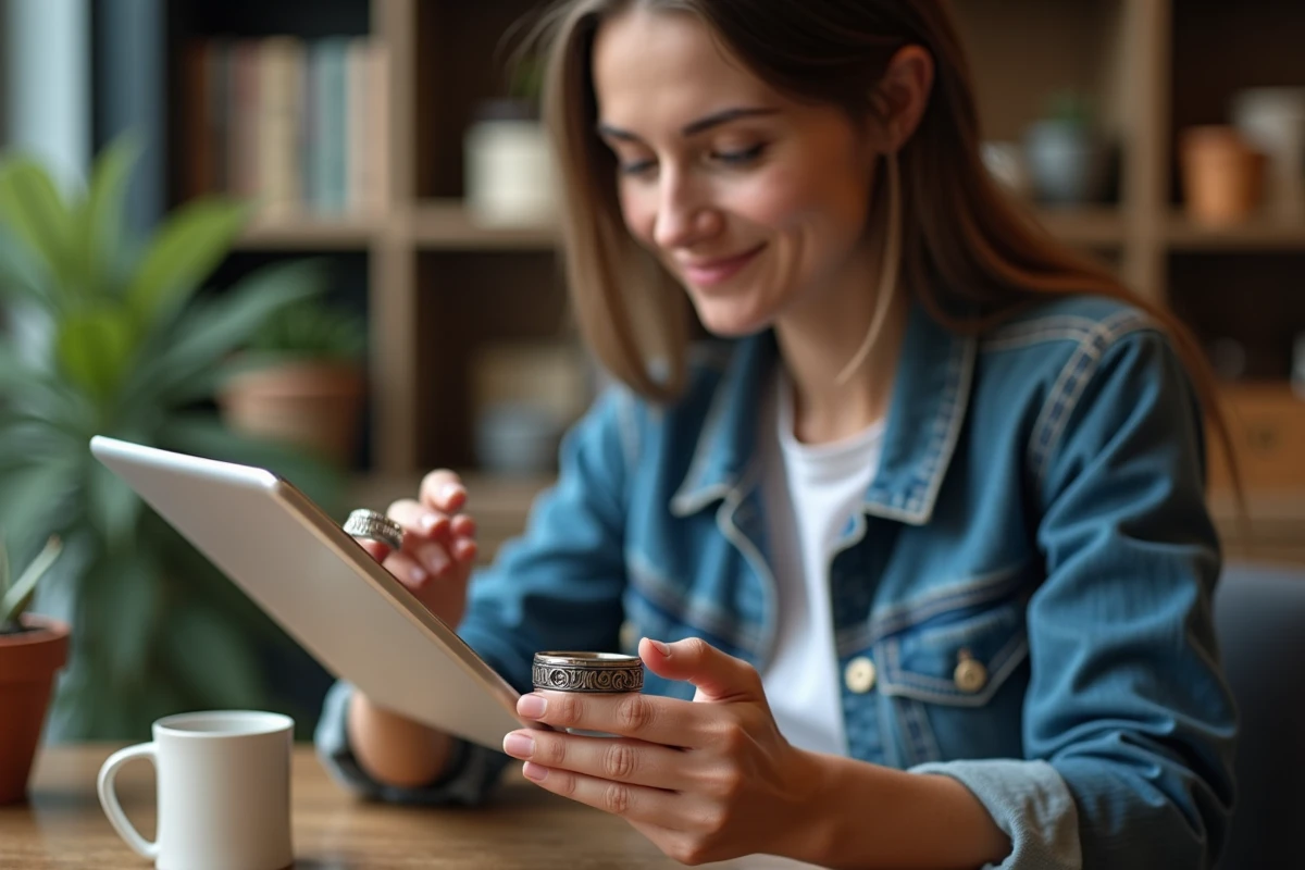 Femme en café comparant une bague gravée sur tablette