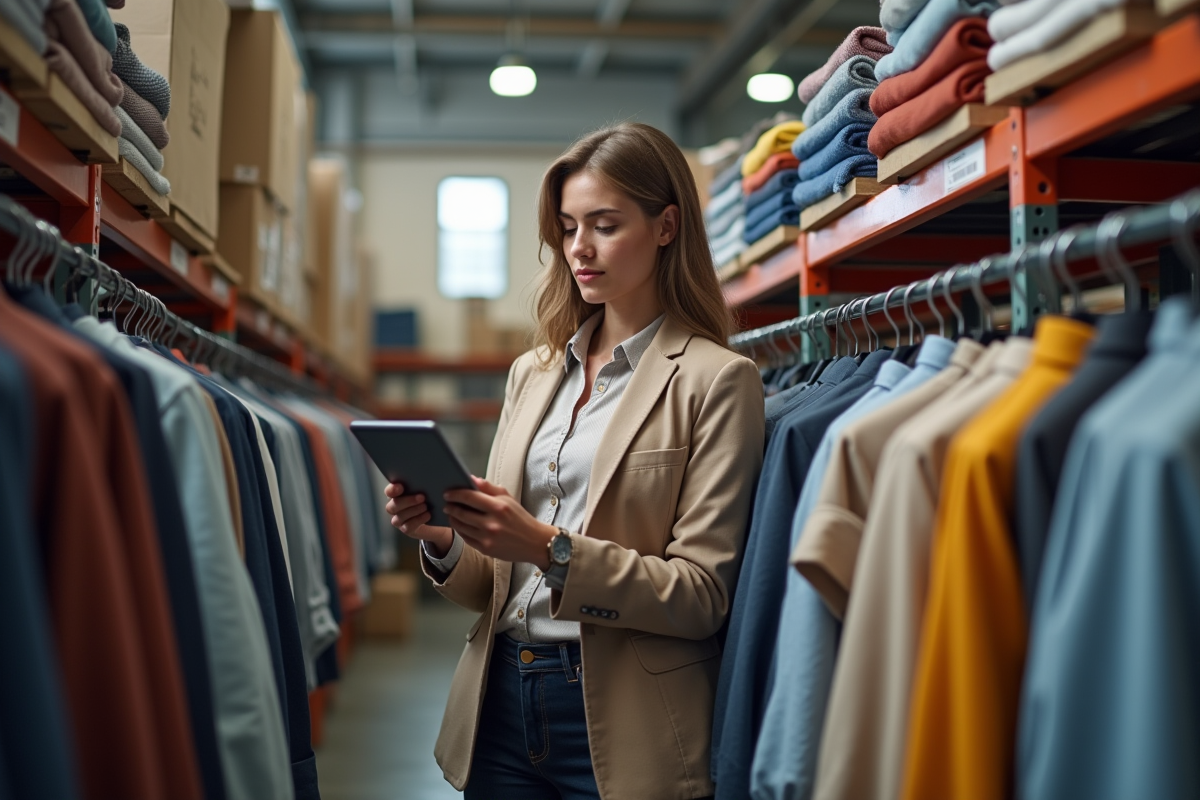 Jeune femme utilisant une tablette dans un entrepôt de vêtements