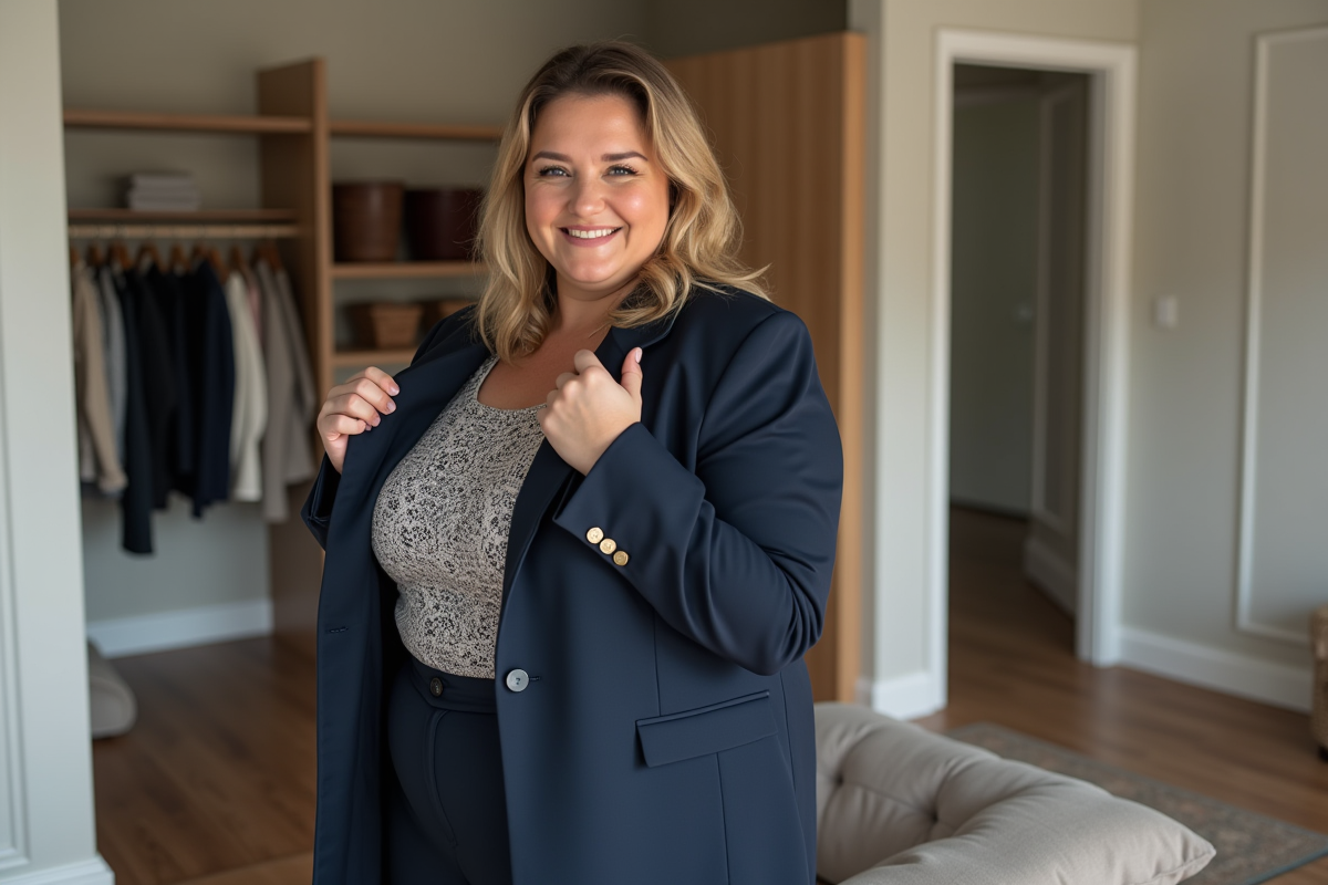Femme confiante en blazer navy dans une chambre lumineuse