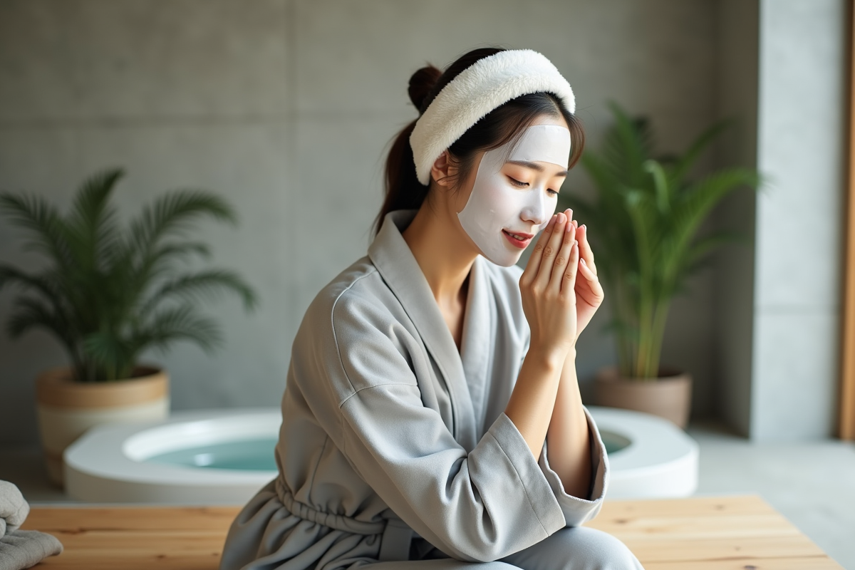 Femme coréenne appliquant un masque facial dans une salle de bain moderne