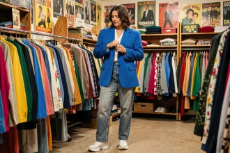 Femme portant un costume années 80 avec blazer à épaulettes bleu électrique dans une friperie vintage