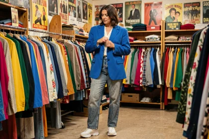 Femme portant un costume années 80 avec blazer à épaulettes bleu électrique dans une friperie vintage
