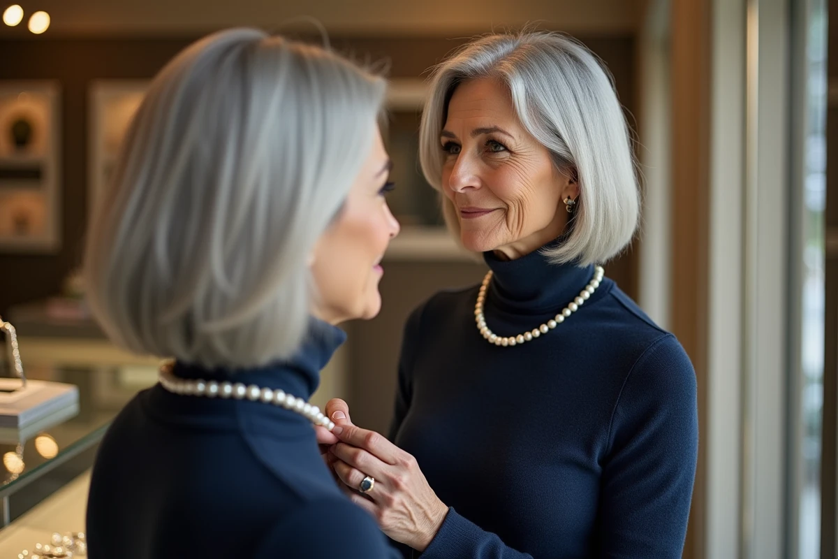 Femme élégante d'une cinquantaine d'années essayant un collier de perles de culture dans une bijouterie