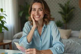 Femme souriante tenant des échantillons de couleur dans un décor cosy