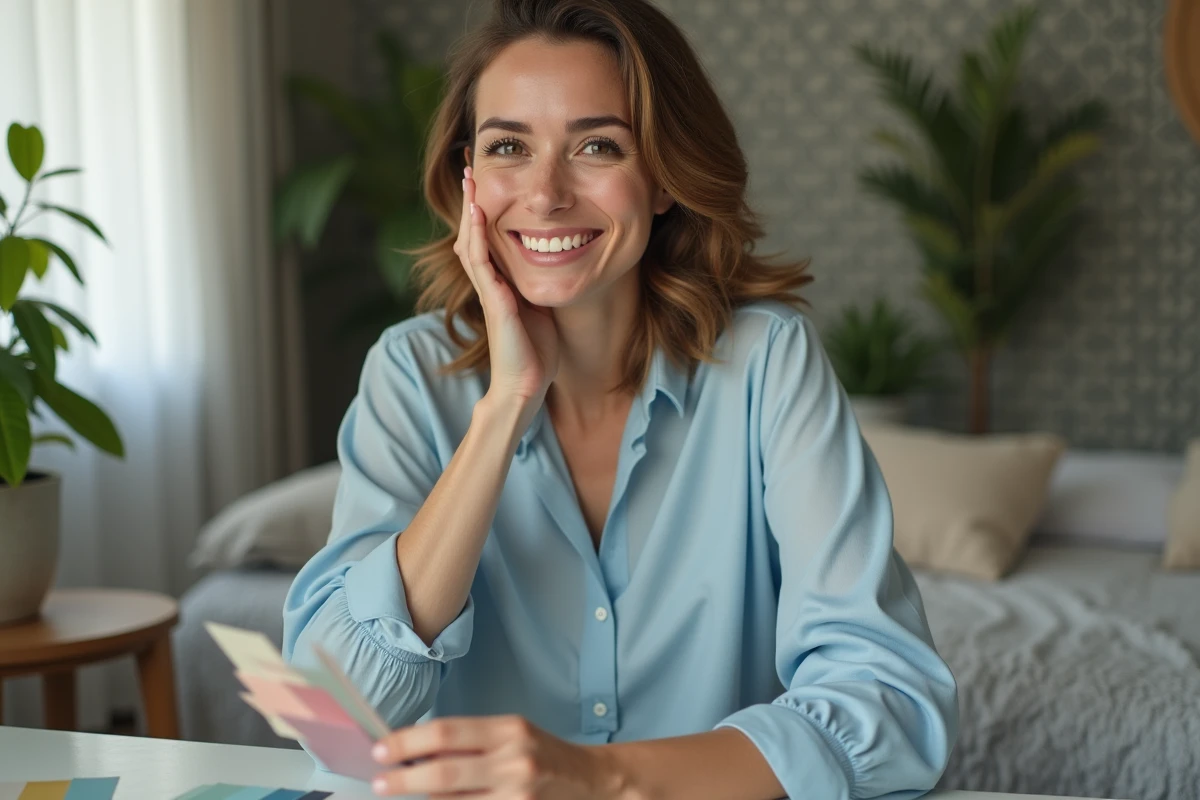 Femme souriante tenant des échantillons de couleur dans un décor cosy