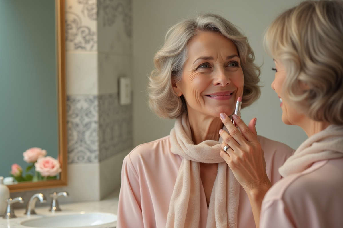 Femme élégante appliquant un rouge à lèvres dans sa salle de bain
