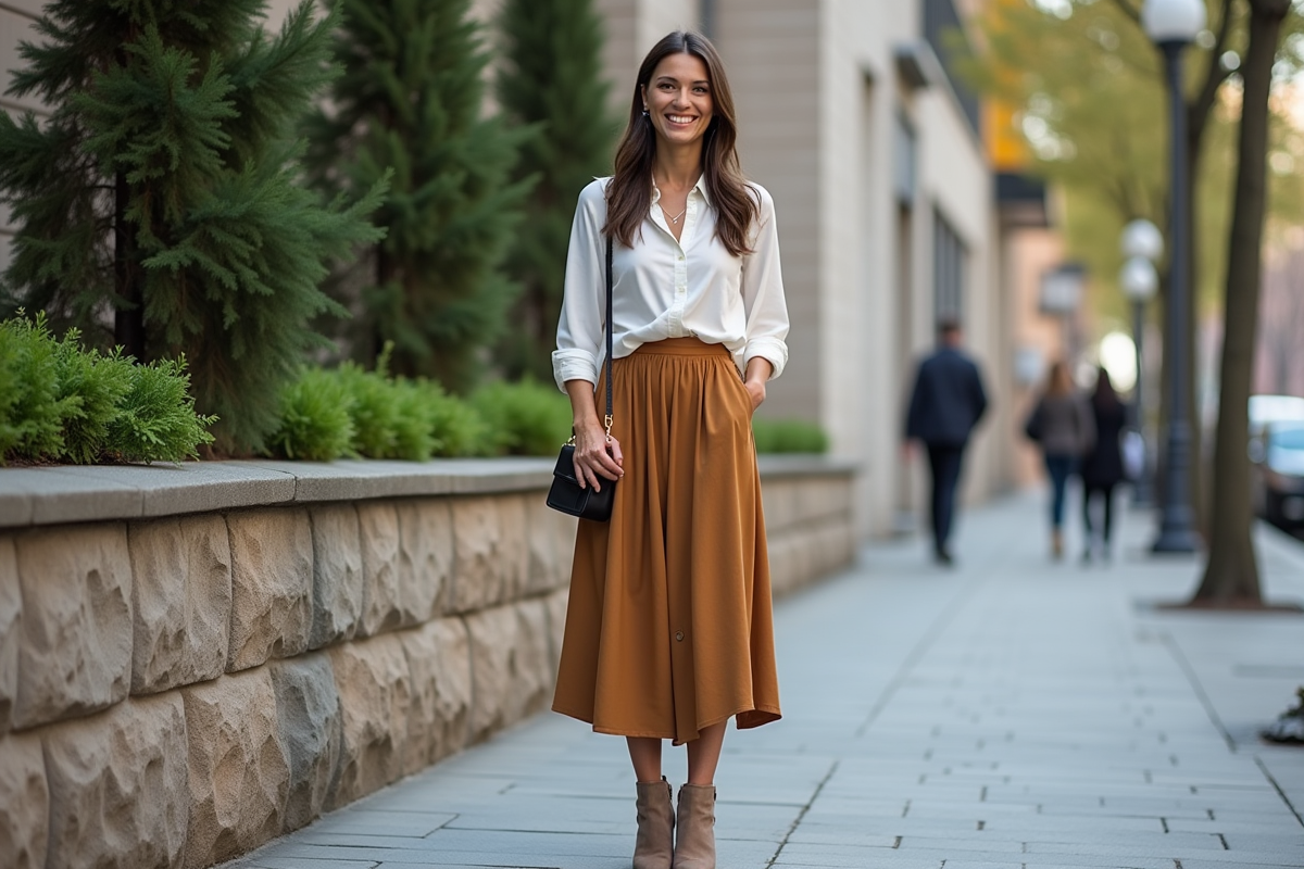 Femme élégante en ville portant une jupe midi et blouse décontractée