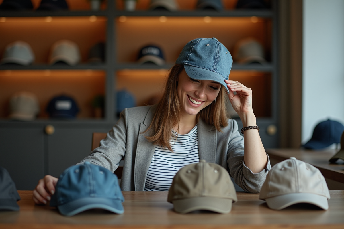 Femme essayant différents casquettes dans une boutique