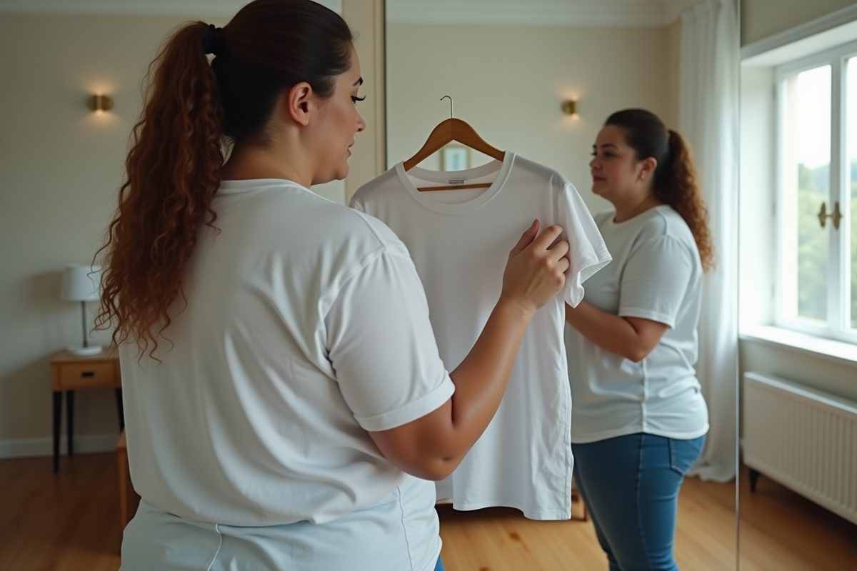 Femme ronde examinant deux t-shirts dans une chambre lumineuse