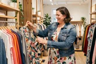 Femme grande taille souriante faisant du shopping dans une boutique de vêtements moderne dans les Pays de la Loire