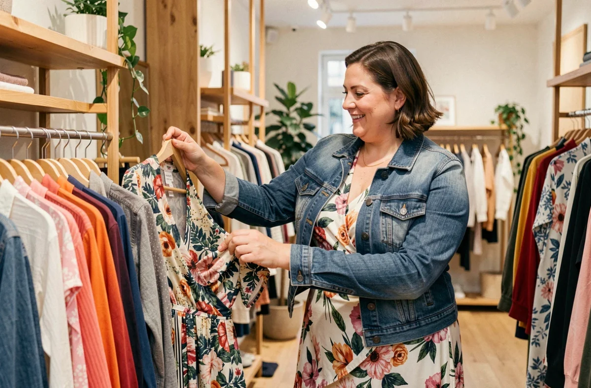 Femme grande taille souriante faisant du shopping dans une boutique de vêtements moderne dans les Pays de la Loire