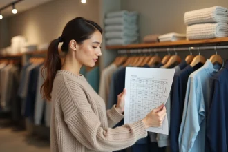 Femme en magasin consultant un guide des tailles 48 50 pour choisir un vêtement adapté