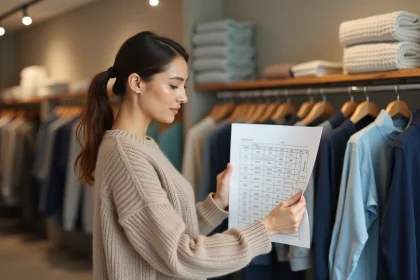 Femme en magasin consultant un guide des tailles 48 50 pour choisir un vêtement adapté