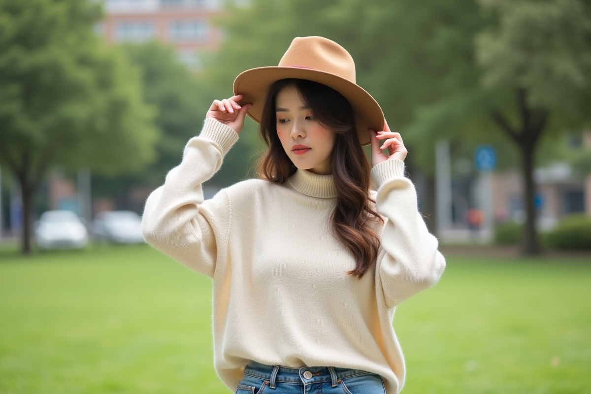 Femme ajustant un chapeau dans un parc urbain