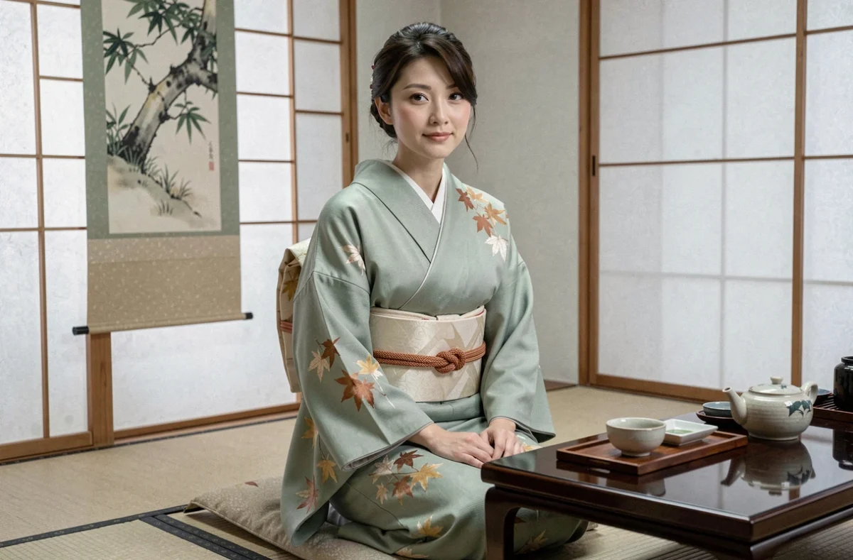 Femme japonaise en houmongi vert sauge avec motifs de feuilles d'automne assise à une table à thé dans un intérieur minimaliste tatami
