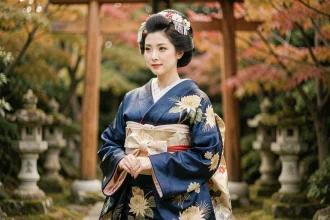 Femme japonaise élégante en furisode indigo avec motifs chrysanthèmes et coiffure traditionnelle shimada dans un jardin japonais